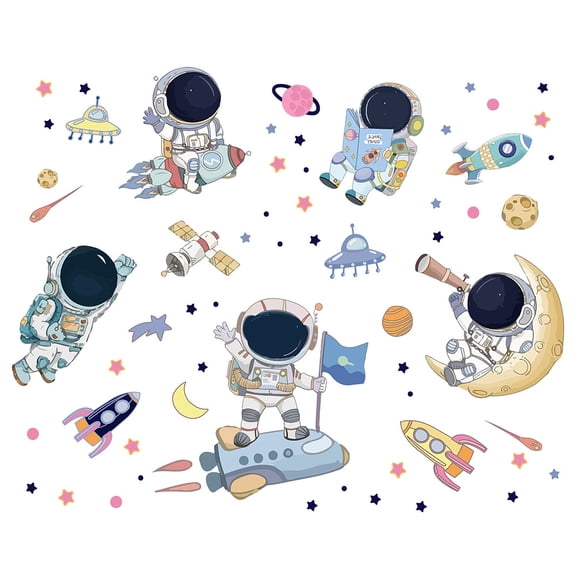 Astronaut Wall Decals Space Stars Moon Rocket Wall Stickers for Bedroom Wall Mural and Airship Wall Decor for Living Room Removable