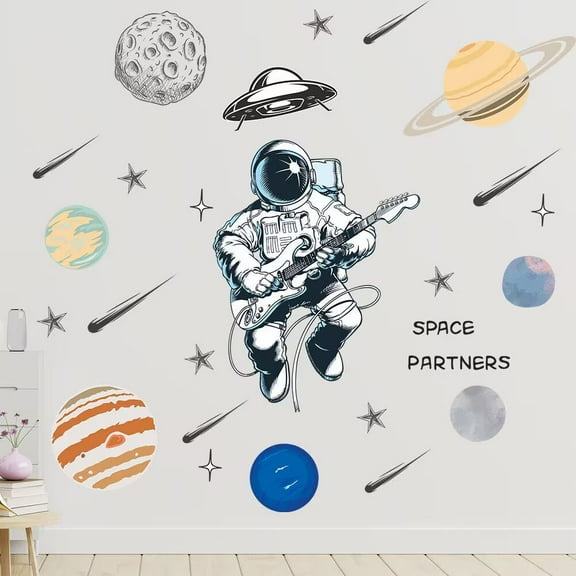 Astronaut Wall Stickers for Boys Bedroom,Cartoon Spaceman Outer Planet Creative DIY Art Vinyl Removable Wall Decal, Star Spaceship UFO Glaxy Wallpaper Decor for Kids Room Nursery