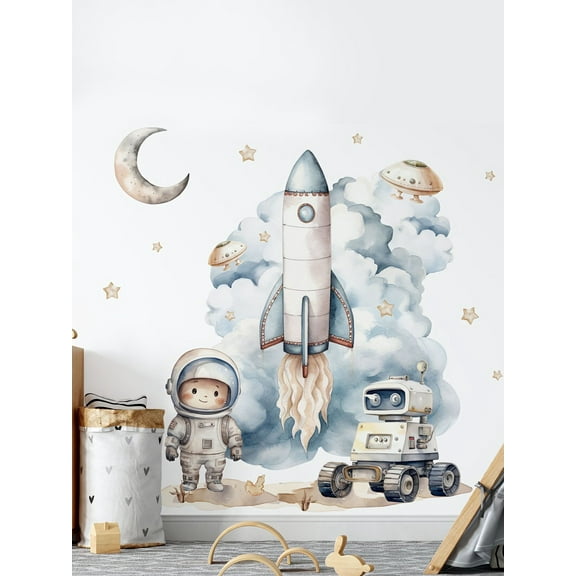 Astronaut Wall Stickers Planet Space Walk Spaceship DIY Art Vinyl Removable Murals Wall Decals, Cute Cartoon Spaceman Cosmonaut Art Wallpaper for Kids Boys Bedroom Playing Room