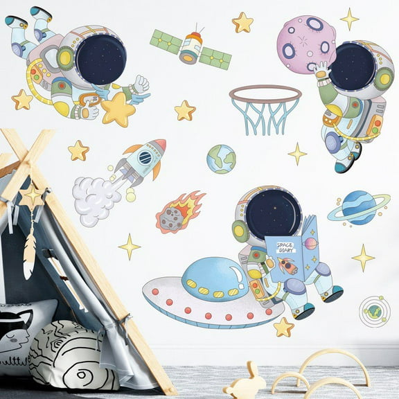 Astronaut Wall Stickers Planet Space Walk Spaceship DIY Peel and Stick Art Vinyl Removable Murals Wall Decals, Cute Cartoon Spaceman Cosmonaut Art Wallpaper for Kids Boys Bedroom Playing Room