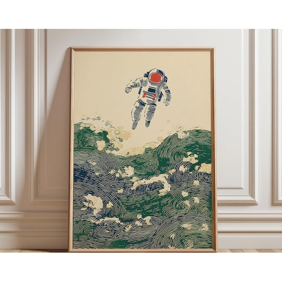 Astronaut Waves Japanese Line Space Illustration Wall Art, Unframed Paper Poster 24x36in