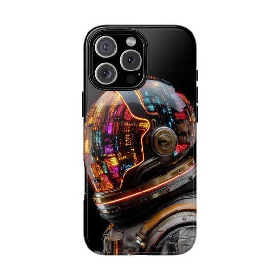 Astronaut Wearing LED Helmet Space Suit Futuristic Grid Pattern Artwork Phone Case for 17 16 15 14 13 12 11 Pro Max