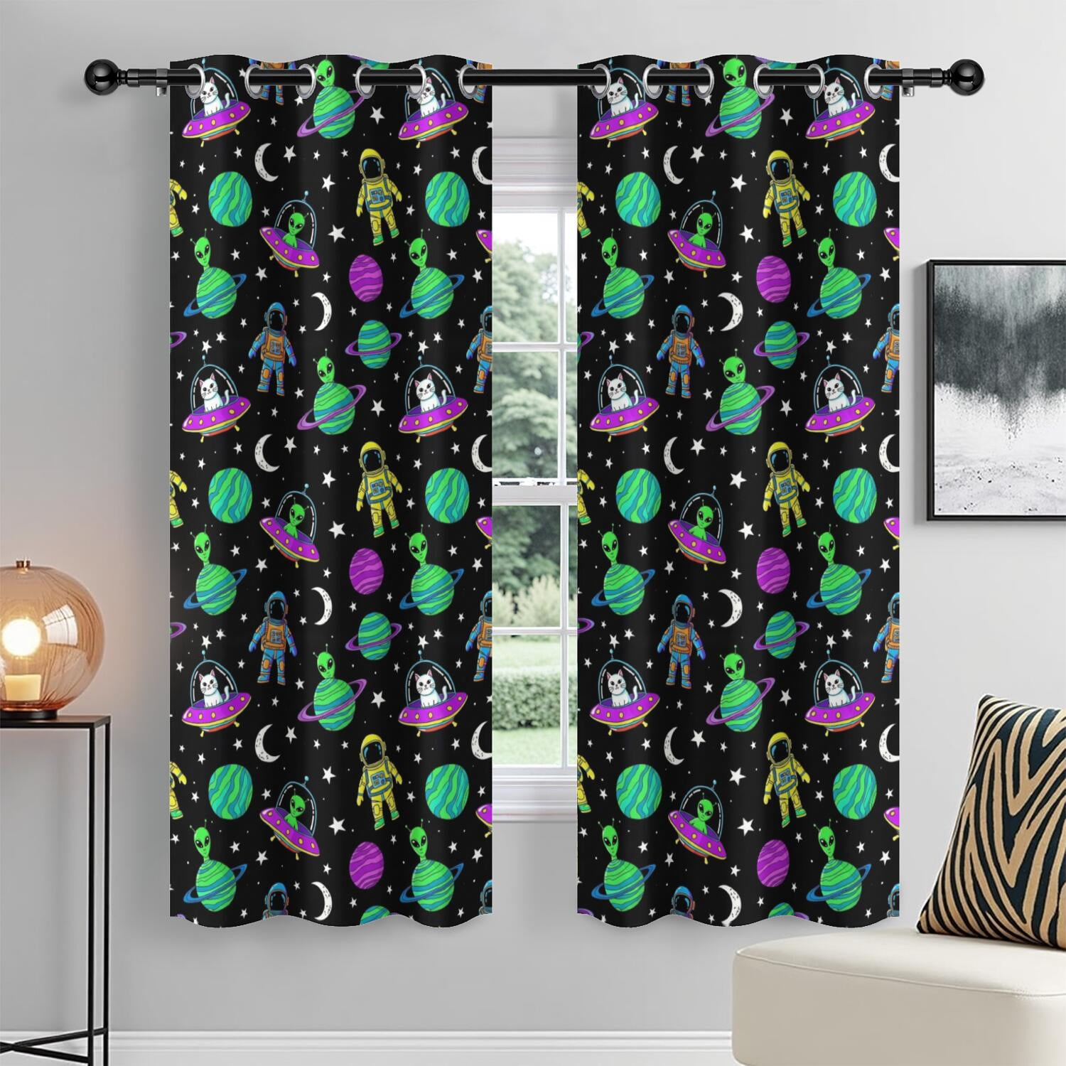 Astronaut and Alien Black Pattern Blackout Curtains,Triple Weaved ...