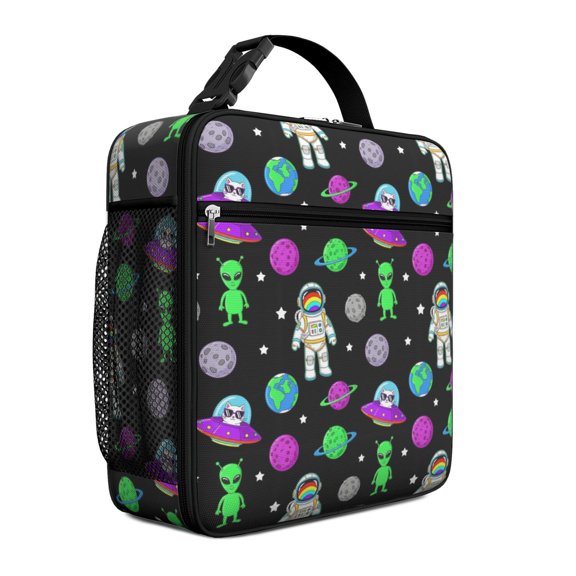 Astronaut and Alien Black Pattern Insulated Lunch Bag Teens,Lunch Box for Men Women for Work,Picnic or Travel,10.2x9.5x4.3 Inches,8 Can Capacity