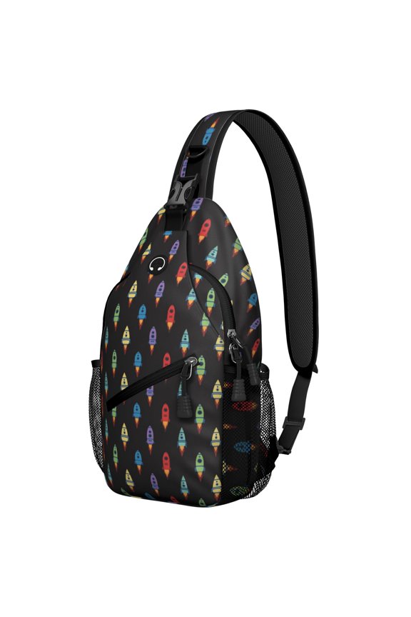Astronaut and Alien Sling Backpack, Starry Night Sky Design, Spacecraft and Planet Themed Crossbody Bag for Sci-fi Fans