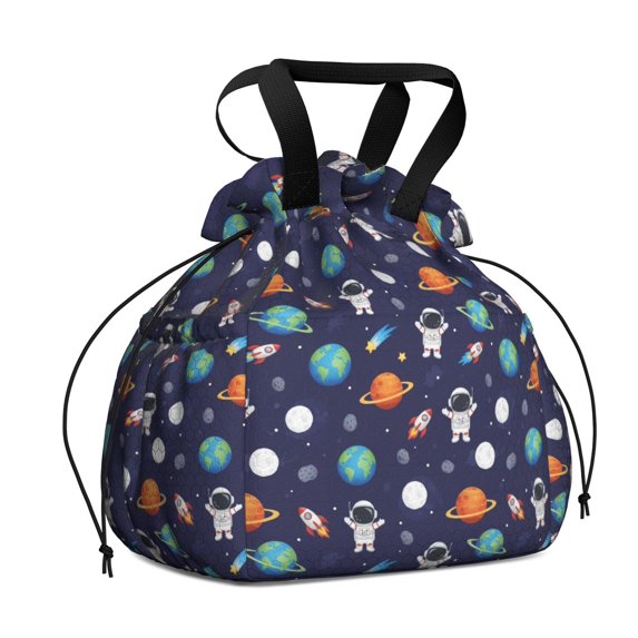 Astronaut and Earth Blue Pattern Drawstring Insulated Lunch Bag for Women, Stain-Resistant Large Lunch Tote with Multi-Pockets for Work Office