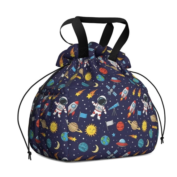 Astronaut and Flag Blue Pattern Drawstring Insulated Lunch Bag for Women, Stain-Resistant Large Lunch Tote with Multi-Pockets for Work Office