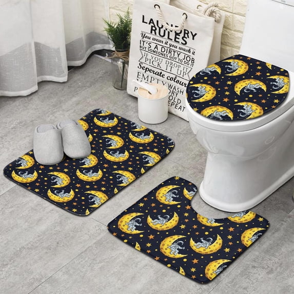 Astronaut and Moon Black Pattern 3 Piece Bathroom Rug Set, Non Slip Absorbent Bath Mats with U-Shaped Contour Rug and Toilet Lid Cover