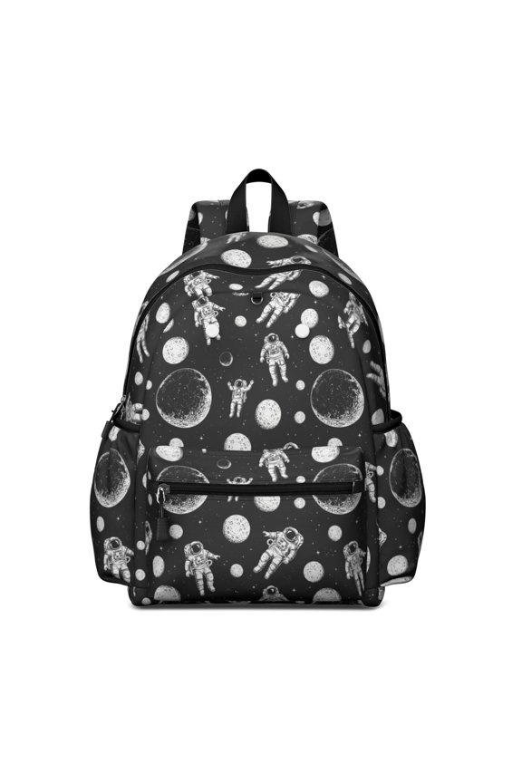 Astronaut and Moon Black Pattern Backpack for School, Cute School Bag with Adjustable Shoulder Straps and Padded Back, 13.4"x11"x4.7"