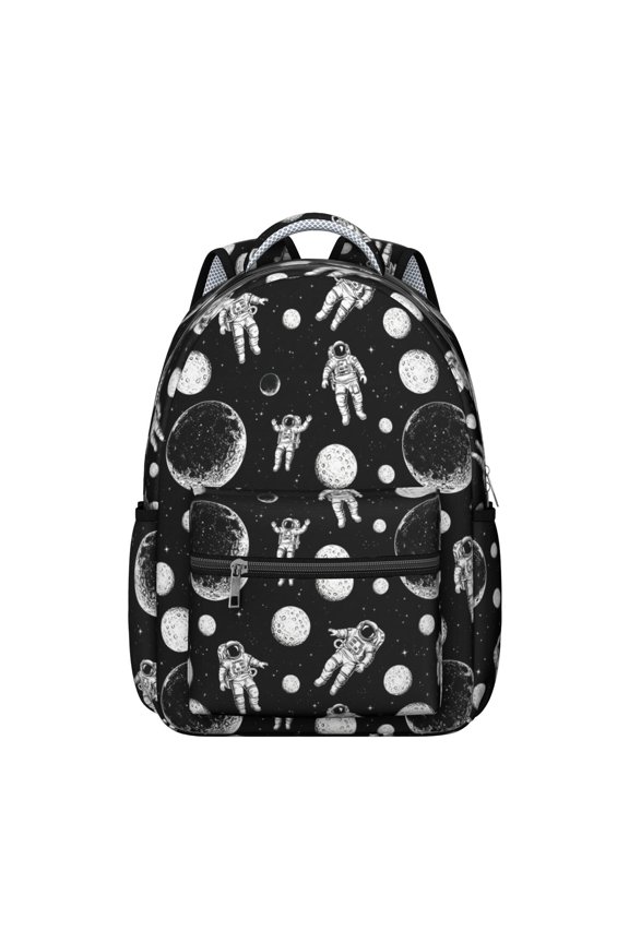 Astronaut and Moon Black Pattern Backpack for School, Cute School Bag with Adjustable Shoulder Straps and Padded Back, 15.3"x11"x7.1"