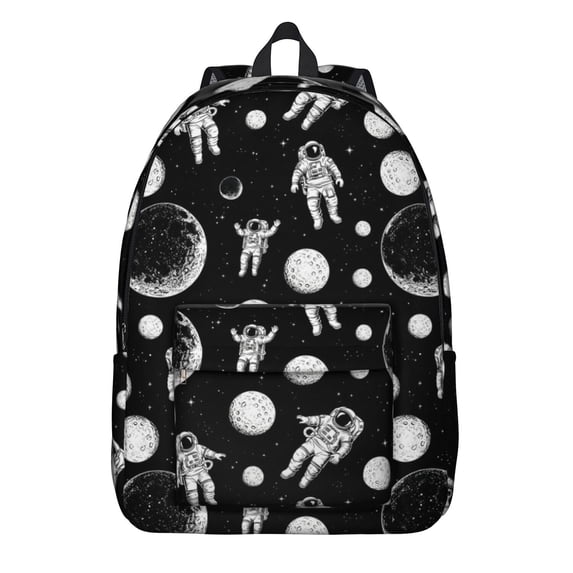 Astronaut and Moon Black Pattern Backpack for School, Cute School Bag with Adjustable Shoulder Straps and Padded Back, 15.7"x11.8"x5.5"