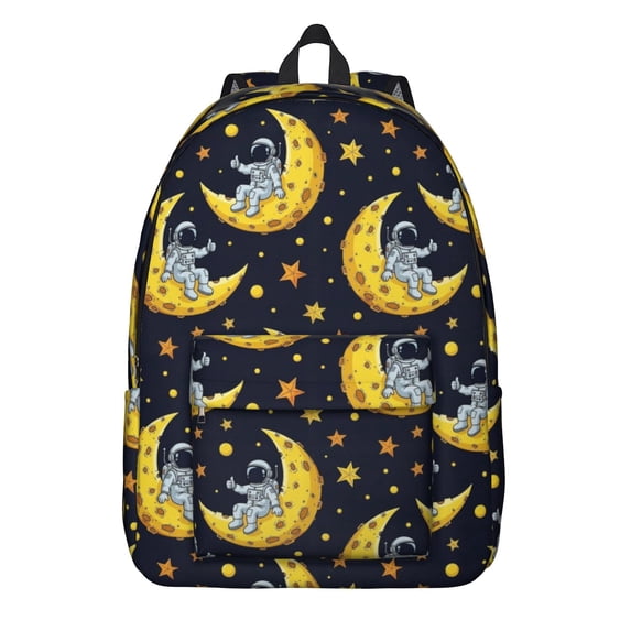 Astronaut and Moon Black Pattern Backpack for School, Cute School Bag with Adjustable Shoulder Straps and Padded Back, 15.7"x11.8"x5.5"