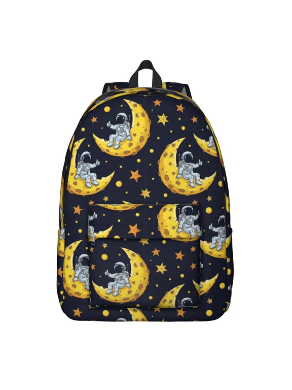 Astronaut and Moon Black Pattern Backpack for School, Cute School Bag with Adjustable Shoulder Straps and Padded Back, 15.7"x11.8"x5.5"