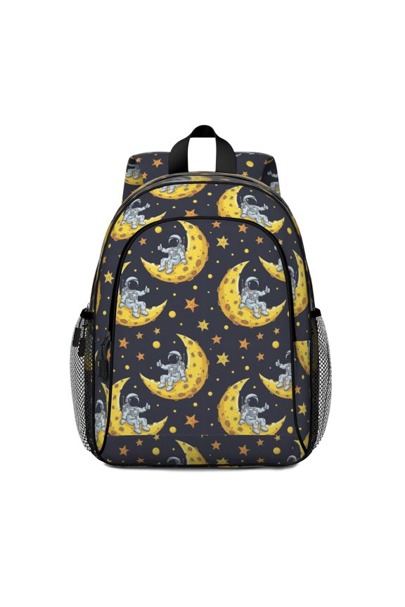 Astronaut and Moon Black Pattern Backpack for School, Cute School Bag with Adjustable Shoulder Straps and Padded Back, 15"x11.42"x5.5"