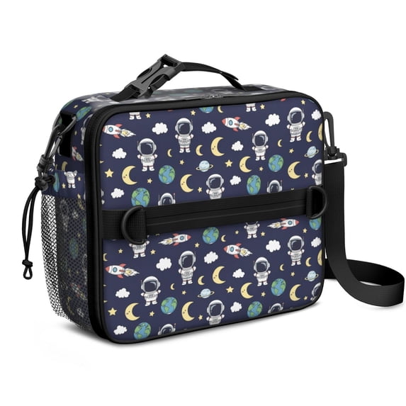 Astronaut and Moon Blue Pattern Insulated Lunch Bag with Shoulder Strap and Bottle Holder,Bento School Lunch Bag Box,11x9.5x3.5 Inches