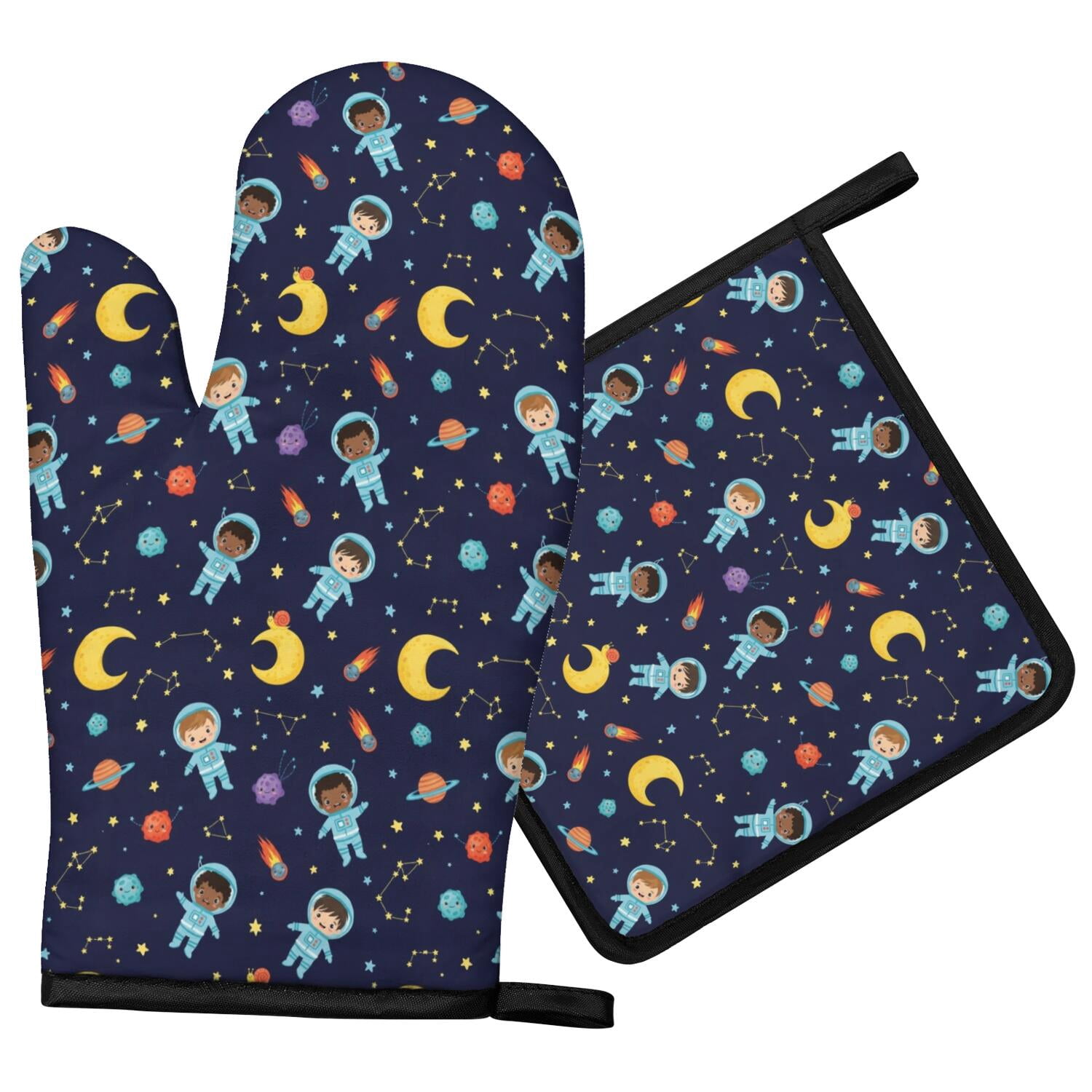 Bbq Banner Examples Astronaut and Moon Blue Pattern Oven Mitt Pot Holder Set, Polyester BBQ ...