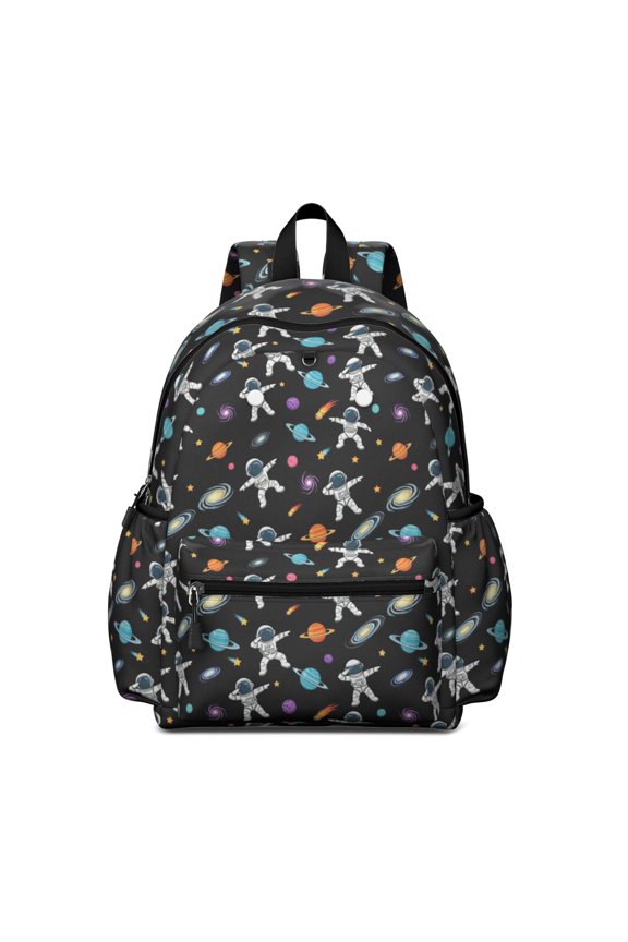 Astronaut and Planet Black Pattern Backpack for School, Cute School Bag with Adjustable Shoulder Straps and Padded Back, 13.4"x11"x4.7"