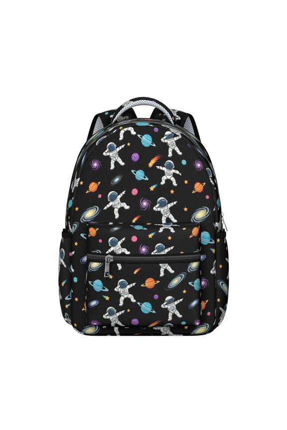 Astronaut and Planet Black Pattern Backpack for School, Cute School Bag with Adjustable Shoulder Straps and Padded Back, 15.3"x11"x7.1"