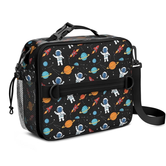 Astronaut and Planet Black Pattern Insulated Lunch Bag with Shoulder Strap and Bottle Holder,Bento School Lunch Bag Box,11x9.5x3.5 Inches