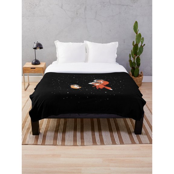 Astronaut and Planet in Starry Space Black Fleece Blanket, Polyester Fleece Fabric, 280 GSM, Celestial Style