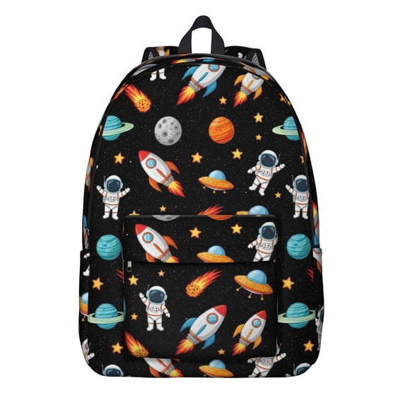 Astronaut and Rocket Black Pattern Backpack for School, Cute School Bag with Adjustable Shoulder Straps and Padded Back, 15.7"x11.8"x5.5"