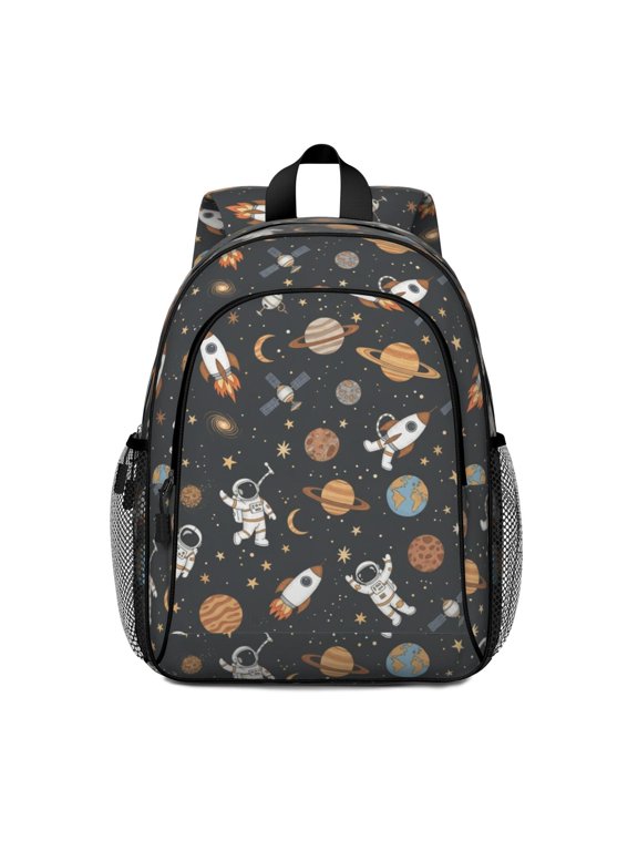 Astronaut and Rocket Black Pattern Backpack for School, Cute School Bag with Adjustable Shoulder Straps and Padded Back, 15"x11.42"x5.5"