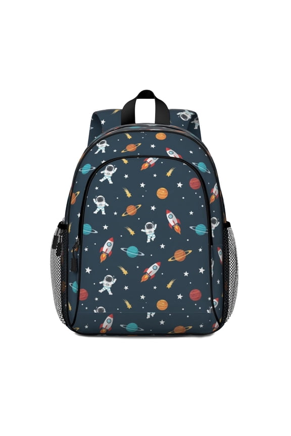 Astronaut and Rocket Black Pattern Backpack for School, Cute School Bag with Adjustable Shoulder Straps and Padded Back, 15"x11.42"x5.5"
