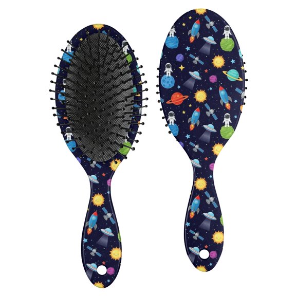 Astronaut and Rocket Black Pattern Brush, Detangling Hair Brush, Paddle Styling Brush, Round Tip Bristles Gifts for Holiday Birthday Gifts