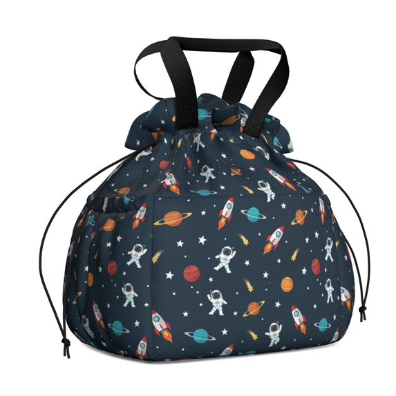 Astronaut and Rocket Black Pattern Drawstring Insulated Lunch Bag for Women, Stain-Resistant Large Lunch Tote with Multi-Pockets for Work Office