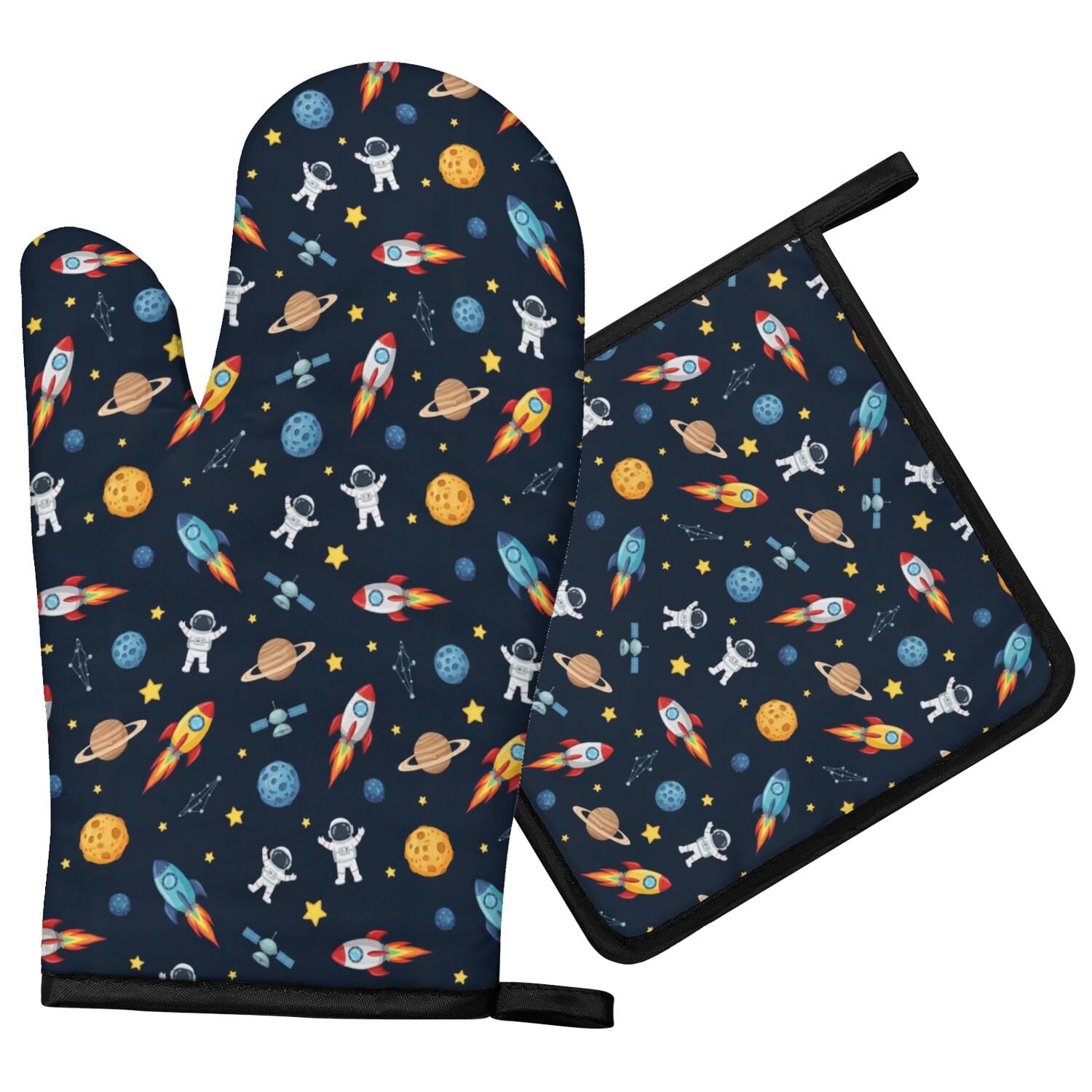 Bbq Banner Examples Astronaut and Rocket Blue Pattern Oven Mitt Pot Holder Set, Polyester ...