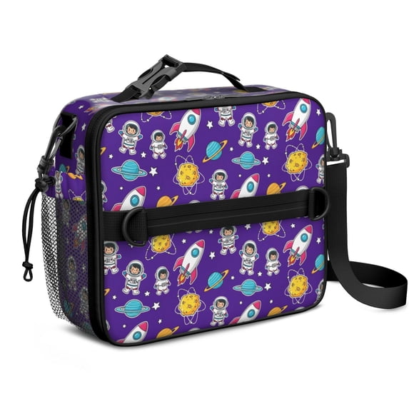 Astronaut and Rocket Purple Pattern Insulated Lunch Bag with Shoulder Strap and Bottle Holder,Bento School Lunch Bag Box,11x9.5x3.5 Inches