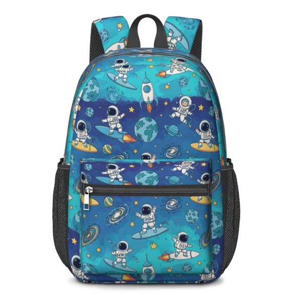 Astronaut and Surfboard Blue Pattern 17" School Backpacks for Teens,Waterproof Oxford Fabric,S-Shape Padded Straps for School,Travel,Hiking,Camping