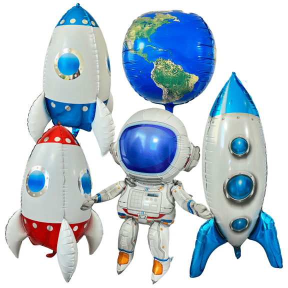 Astronaut and rocket ship, outer space with planet Earth 5 PC balloon set