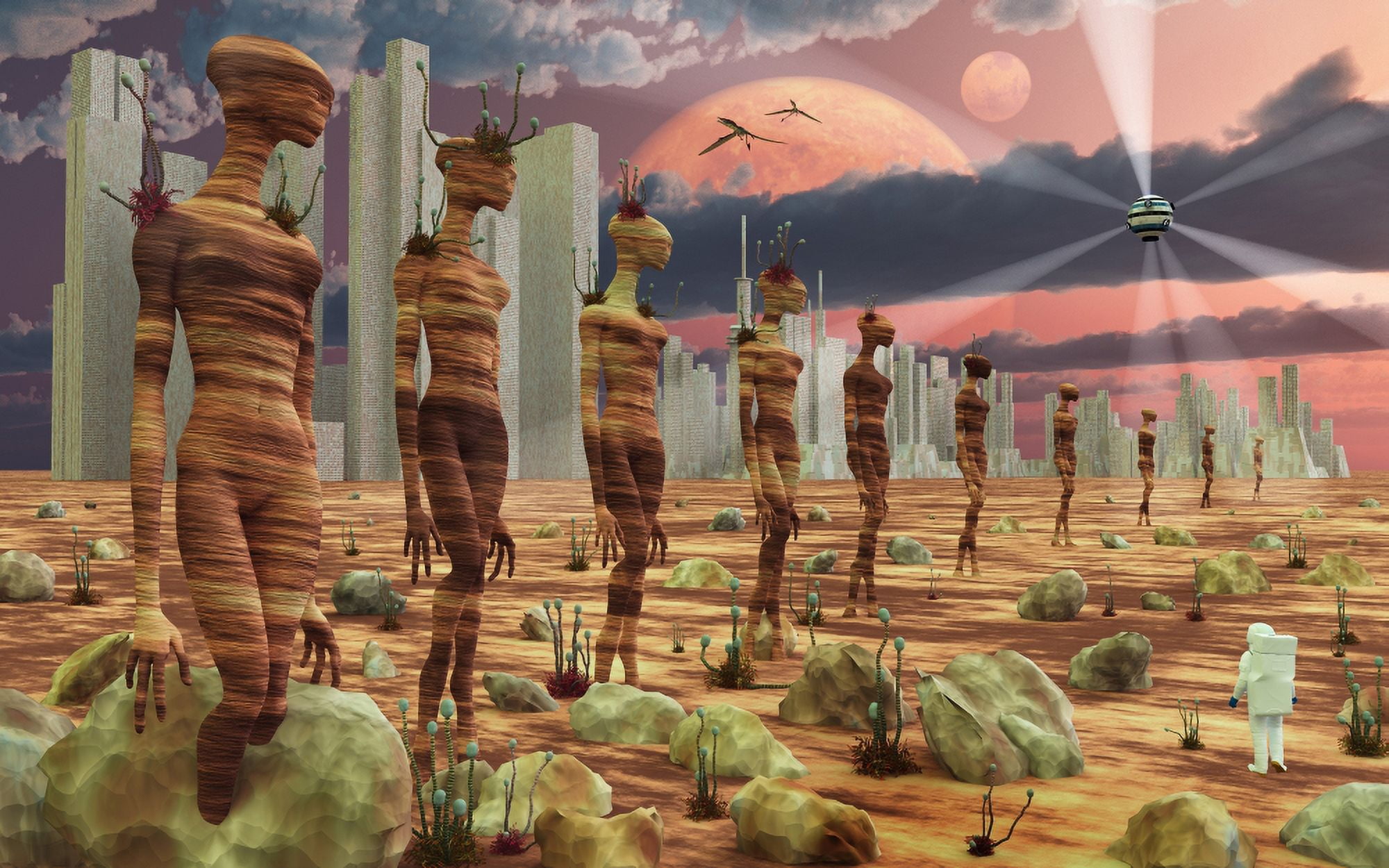 Astronaut exploring the remains of an ancient alien civilization Canvas Art - Mark StevensonStocktrek Images (36 x 23)