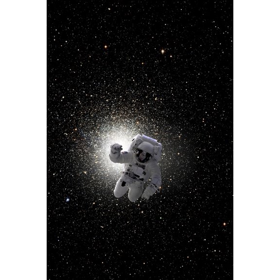 Astronaut floating in deep space with large cluster galaxy in background Canvas Art - Marc WardStocktrek Images (24 x 35)
