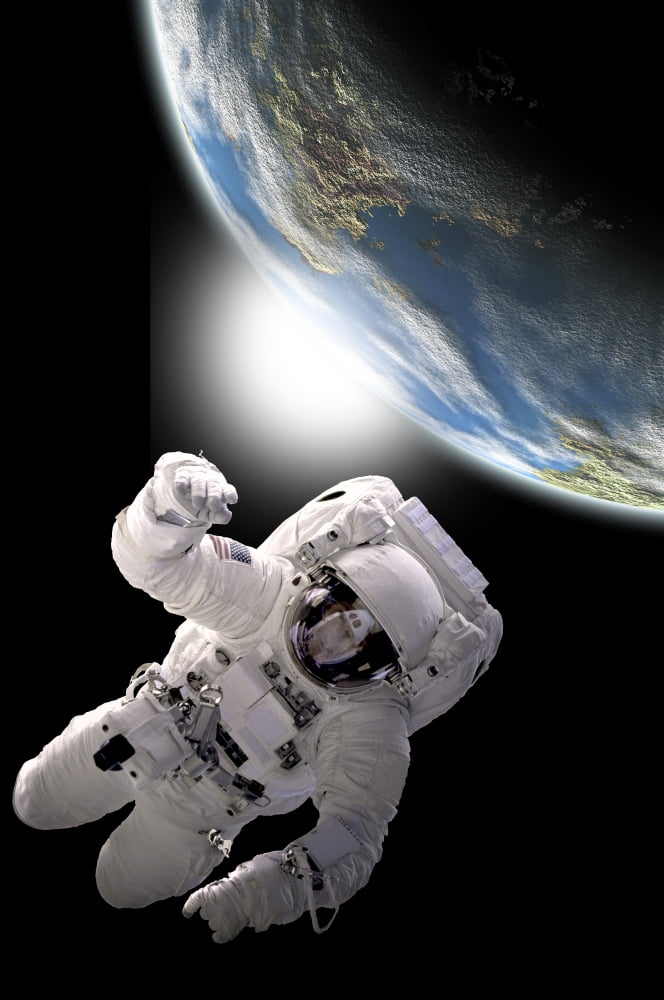 Astronaut floating in outer space with visible sunrise from an Earth-like planet Canvas Art - Marc WardStocktrek Images (24 x 35)