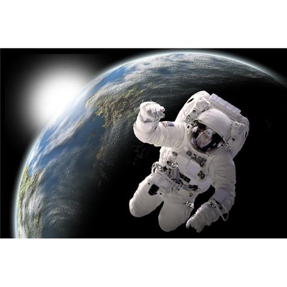 Astronaut floating in outer space with visible sunrise from an Earth-like planet Poster Print