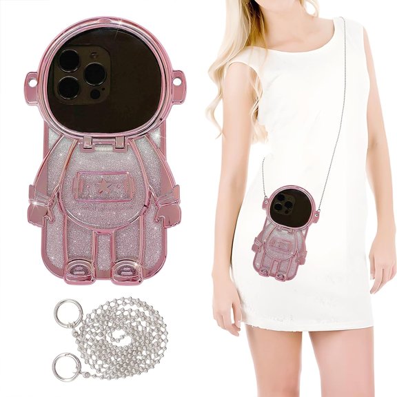 Astronaut iPhone 14 Pro Max Case, Cute Bling Plating 6D Astronaut Lens Camera Protection Phone Case with Strap for Women Girls Boys, Hidden Stand Shockproof Protective Clear Case (Pink)