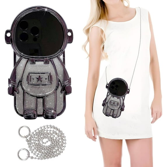 Astronaut iPhone 14 Pro Max Case, Cute Bling Plating 6D Astronaut Lens Camera Protection Phone Case with Strap for Women Girls Boys, Hidden Stand Shockproof Protective Clear Case (Black)