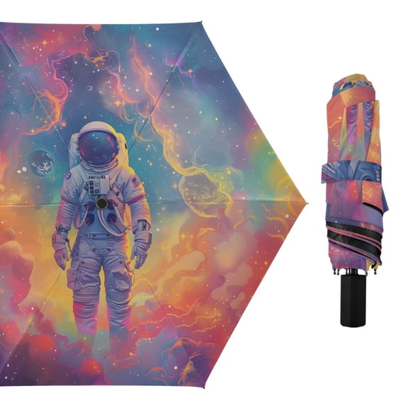 Astronaut in Beautiful Nebula All Weather Umbrella Triple Folding Parasol 6 Ribs UV Protection Portable