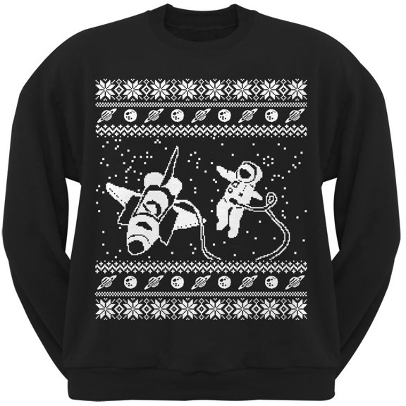 Astronaut in Space Ugly Christmas Sweater Black Crew Neck Sweatshirt - Small