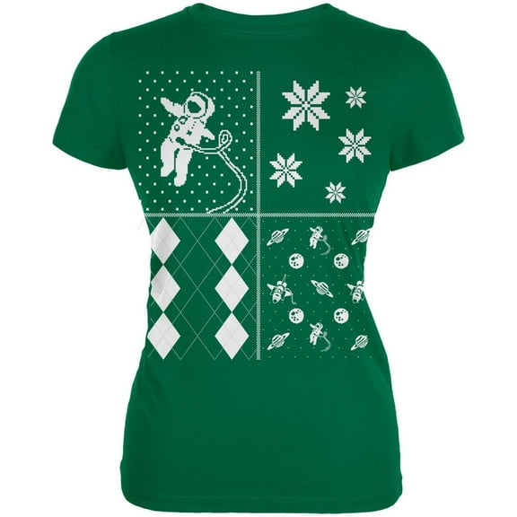 Astronaut in Space Ugly Christmas Sweater Festive Blocks Kelly Green Juniors Soft T-Shirt - Small