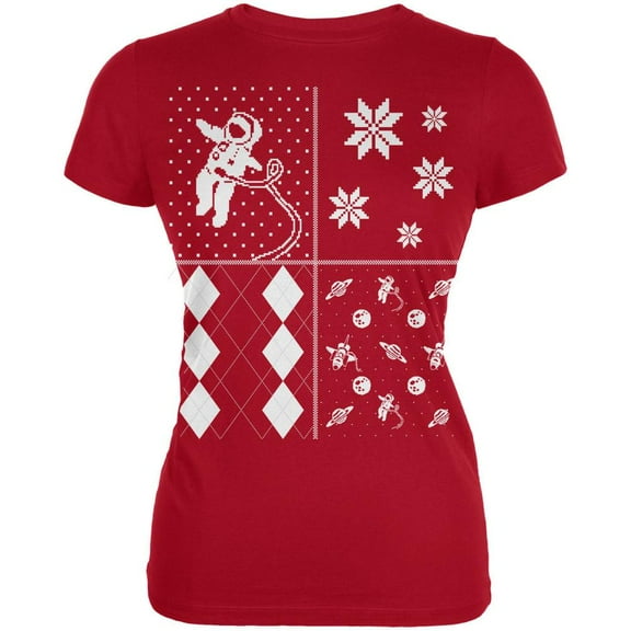 Astronaut in Space Ugly Christmas Sweater Festive Blocks Red Juniors Soft T-Shirt - Small