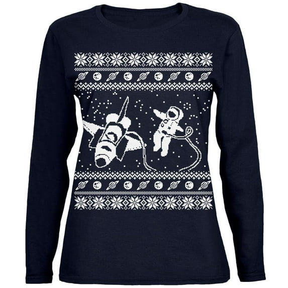 Astronaut in Space Ugly Christmas Sweater Womens Long Sleeve T Shirt Navy X-LG