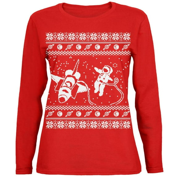 Astronaut in Space Ugly Christmas Sweater Womens Long Sleeve T Shirt Red X-LG