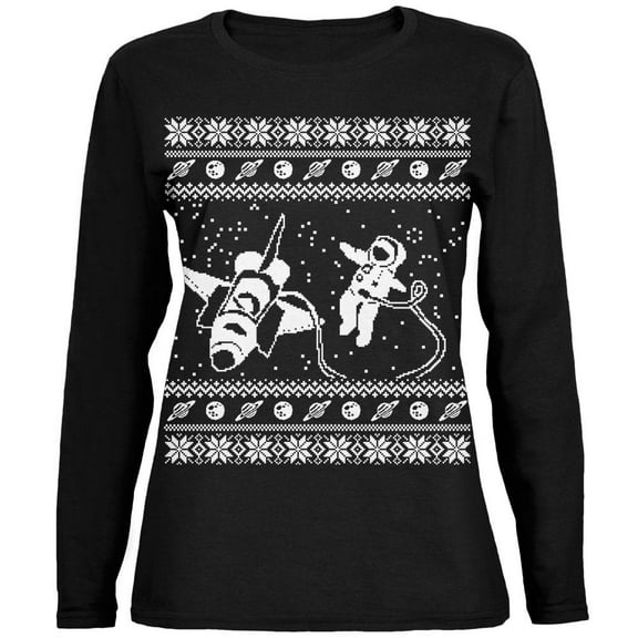 Astronaut in Space Ugly XMAS Sweater Black Womens Long Sleeve T-Shirt - 2X-Large