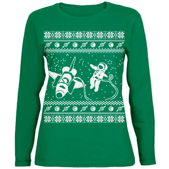 Astronaut in Space Ugly XMAS Sweater Green Womens Long Sleeve T-Shirt - Small