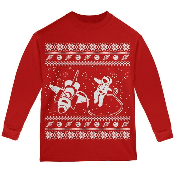 Astronaut in Space Ugly XMAS Sweater Red Youth Long Sleeve T-Shirt - Youth Small