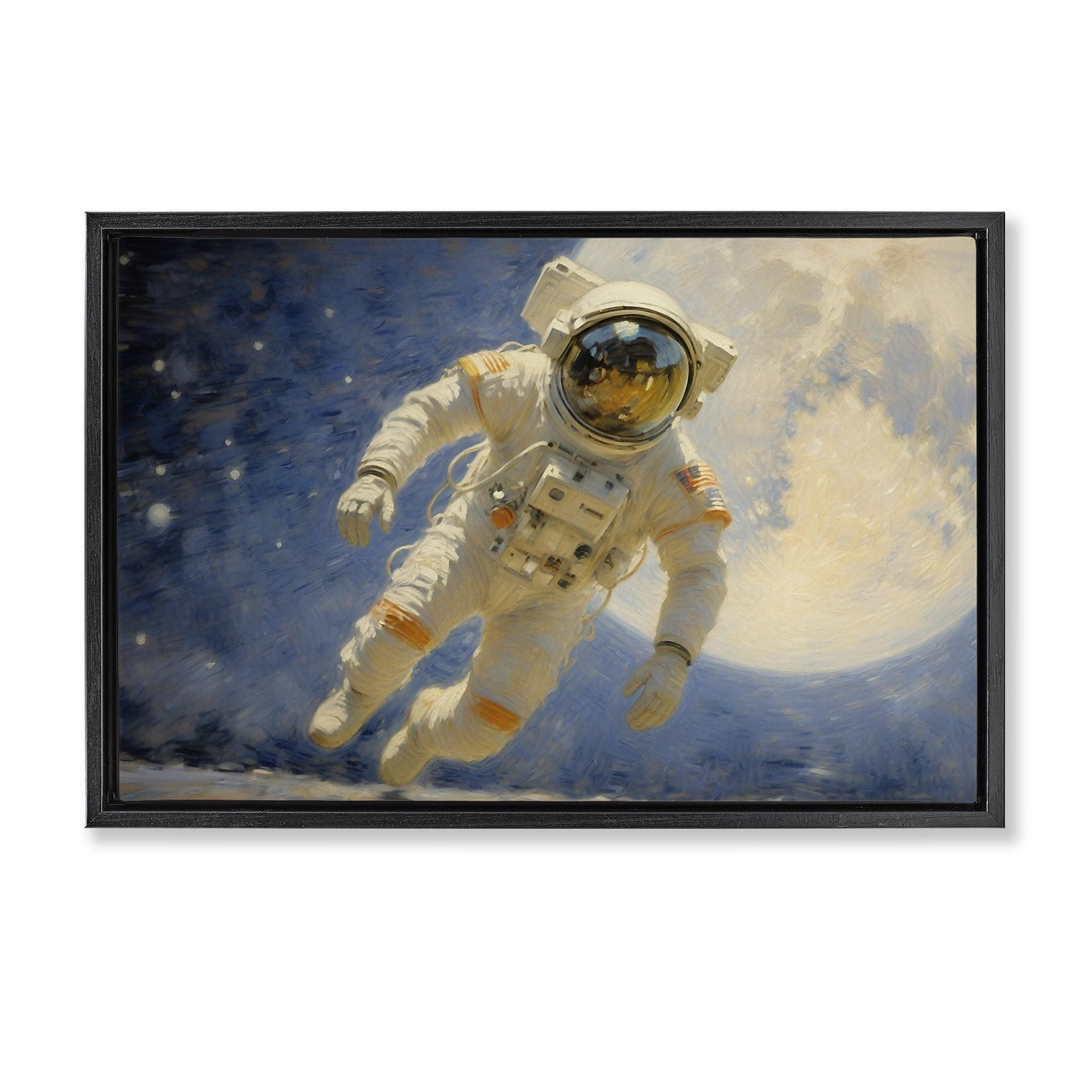 Astronaut in Vast Galaxy Black Framed Floater Canvas Wall Art, design by Angie Hawke