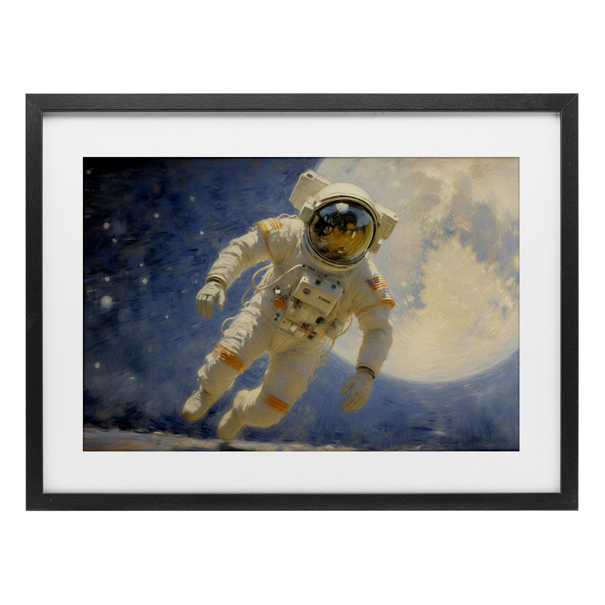 Astronaut in Vast Galaxy Black Framed Print Under Glass, design by Angie Hawke